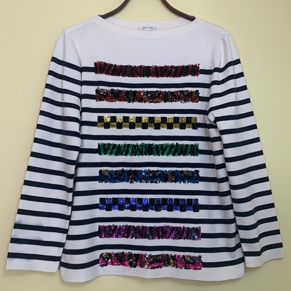 Marc Jacobs | Striped Knit Animal Sequin Bateau Cashmere Cotton Blend Sweater M - Picture 1 of 16